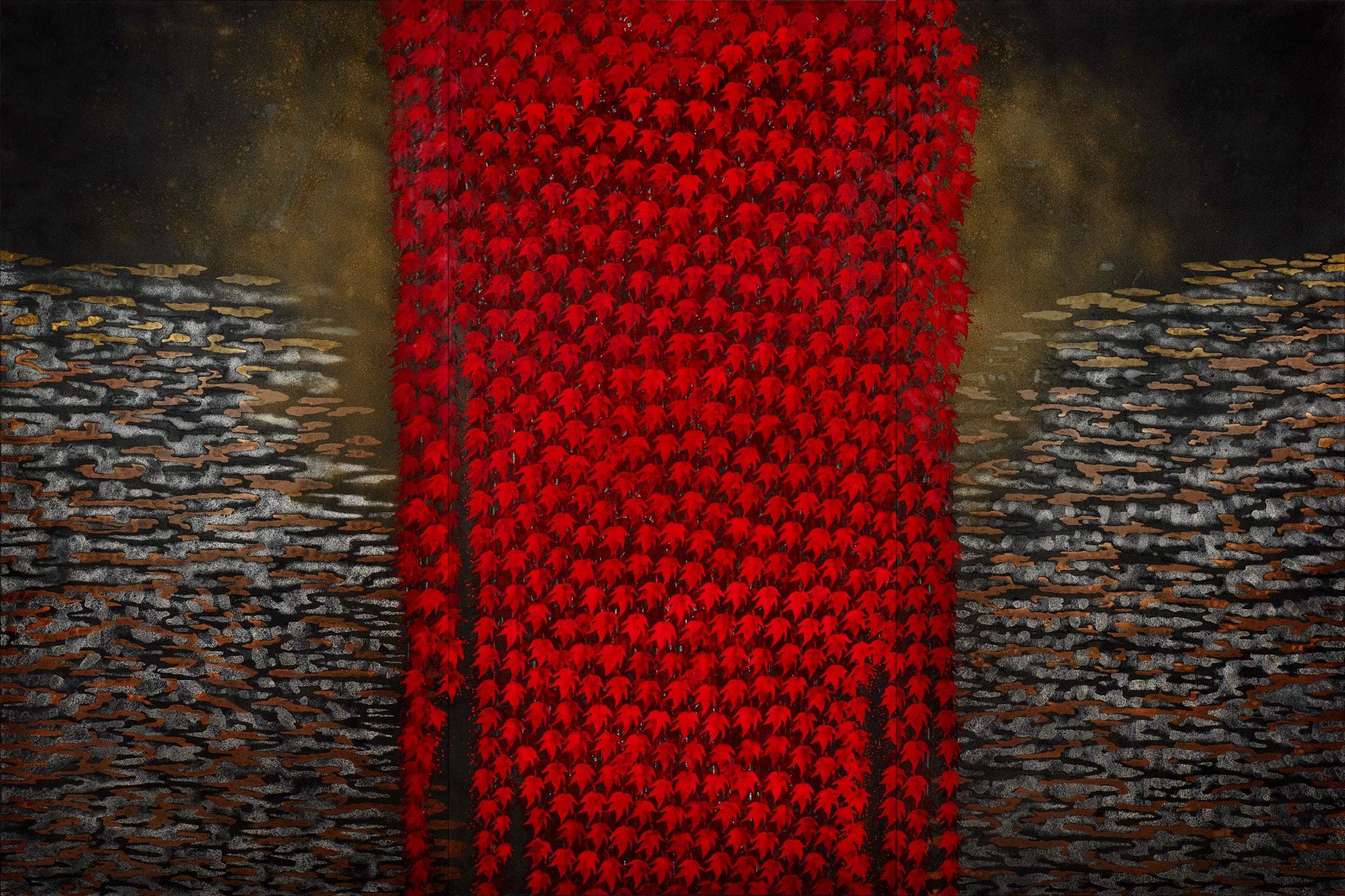 加藤弘光《真穂等間》2015年 三曲屏風 紙本墨画金彩着色 180 × 270 cm
