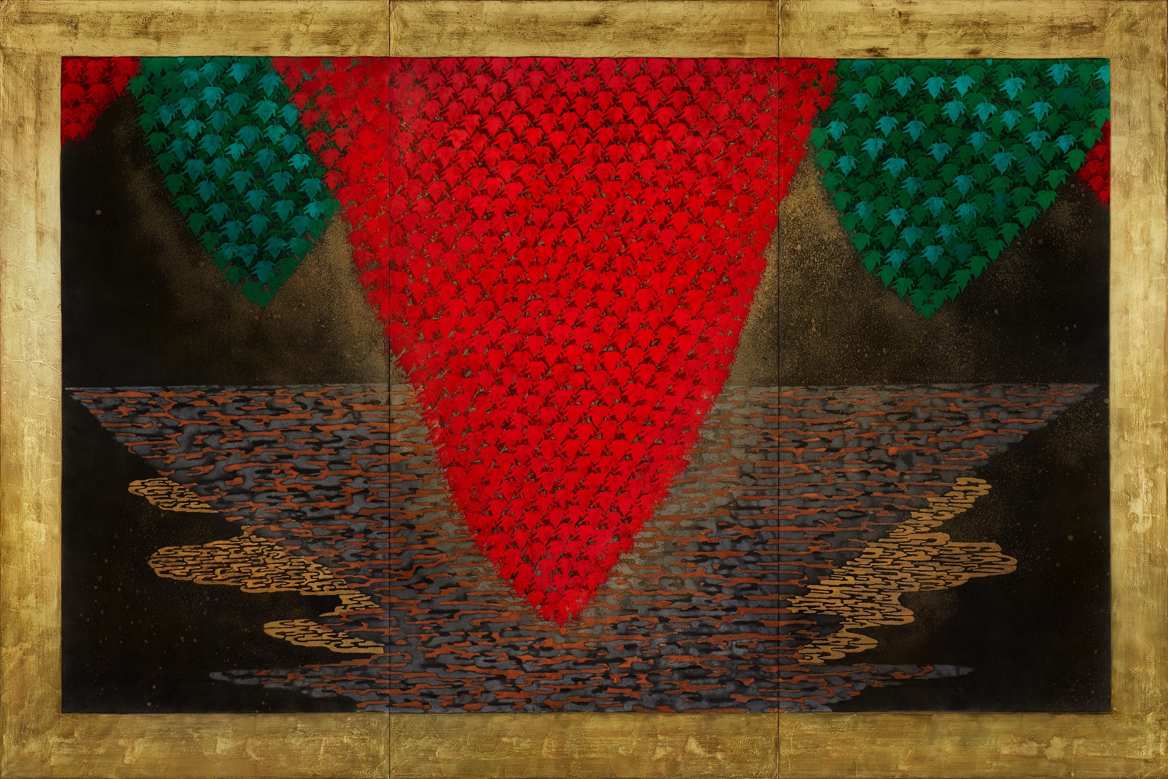加藤弘光《照山紅葉》2017年 三曲屏風 紙本墨画金彩着色 180 × 270 cm
